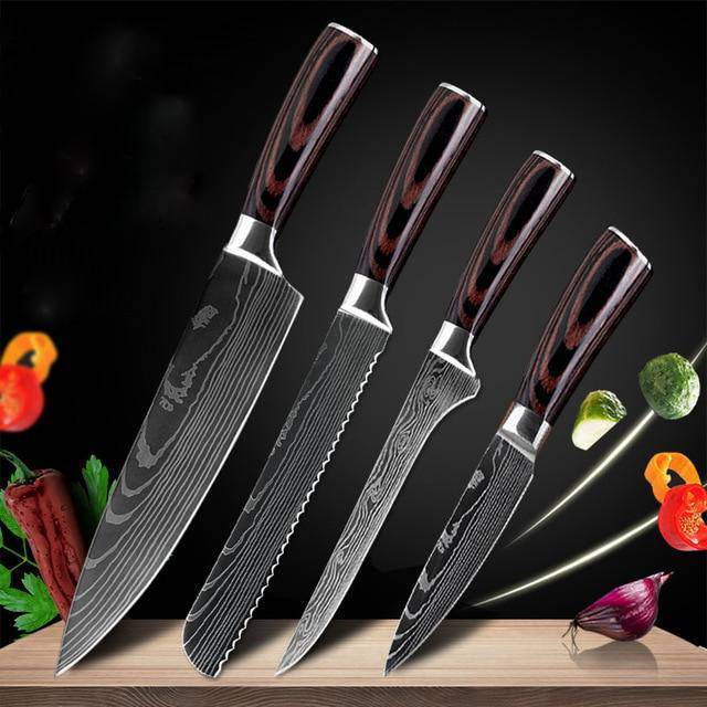 4PCS Professional Stainless Steel Kitchen Knife Set – Chef, Santoku, Utility & Paring Knives with Wooden Handle