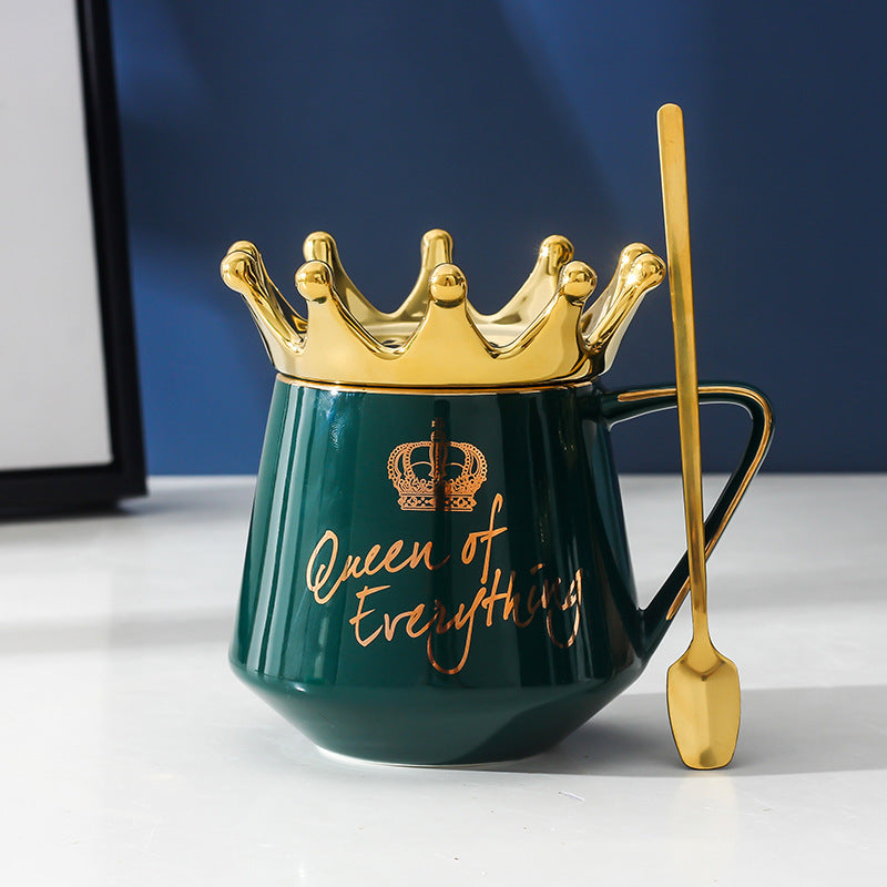 Luxury Crown Ceramic Mug with Lid & Spoon – 11oz Coffee Cup