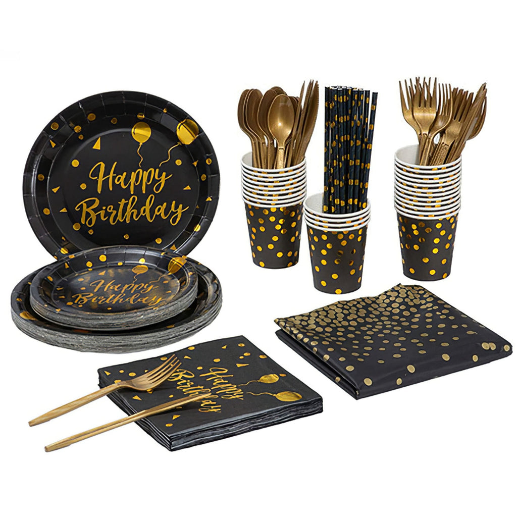 Black & Gold Birthday Party Disposable Dinnerware Set – 201pcs (25 Guests)