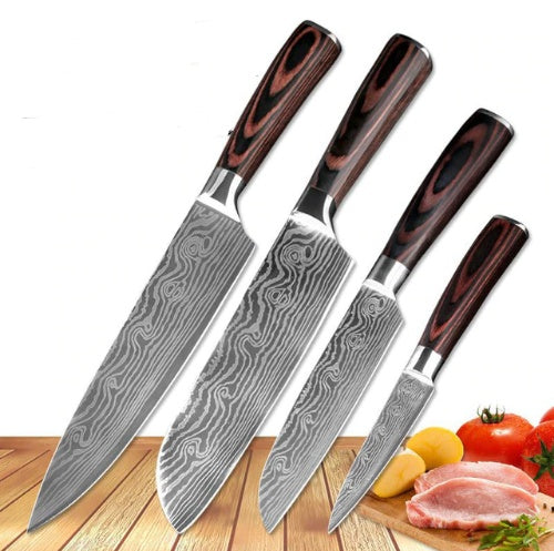 4PCS Professional Stainless Steel Kitchen Knife Set – Chef, Santoku, Utility & Paring Knives with Wooden Handle