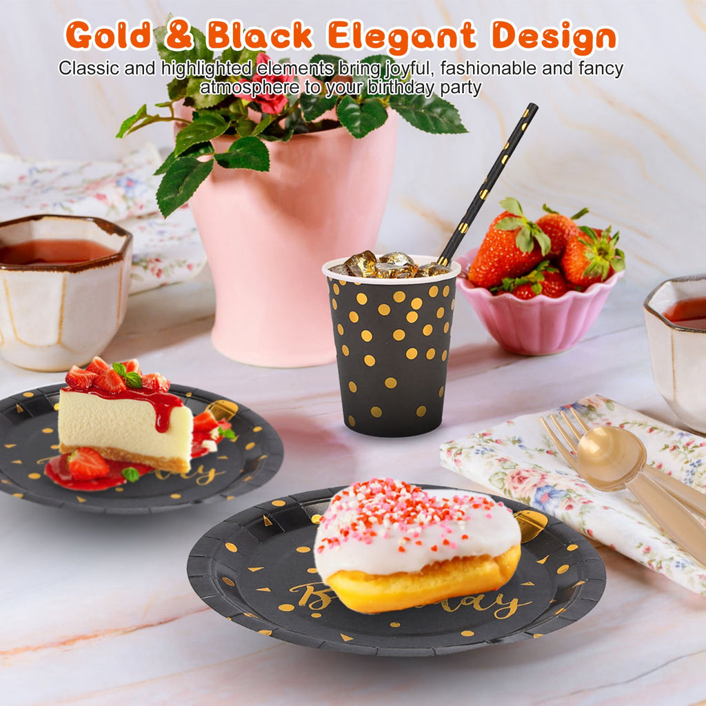 Black & Gold Birthday Party Disposable Dinnerware Set – 201pcs (25 Guests)