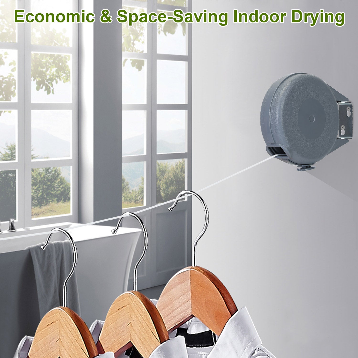 : 49FT Retractable Clothesline Outdoor Automatic PVC Washing Line with Wall Mount