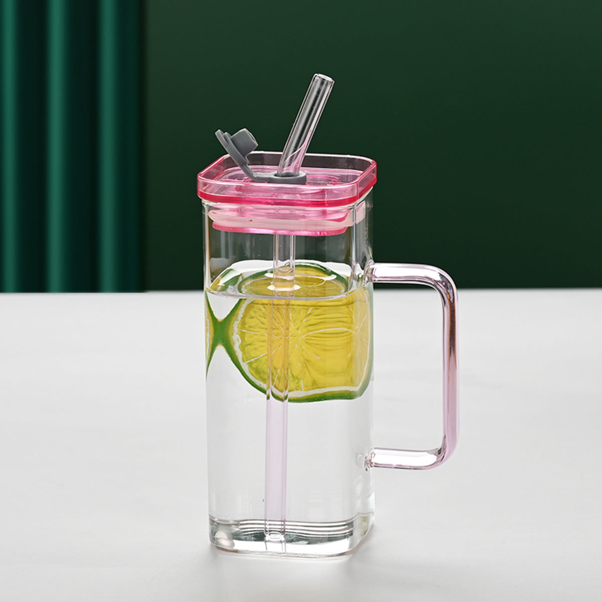 Square Glass Straw Cup with Lid & Handle – High Borosilicate 1 Pcs Pink Drink Mug