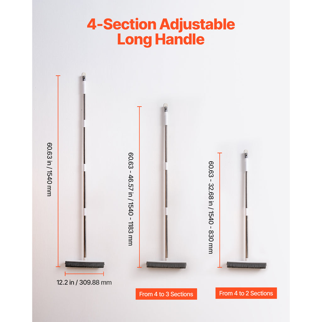 Multi-Purpose Rubber Broom – 58.46” Adjustable Long Handle for Carpet, Floor & Glass Cleaning