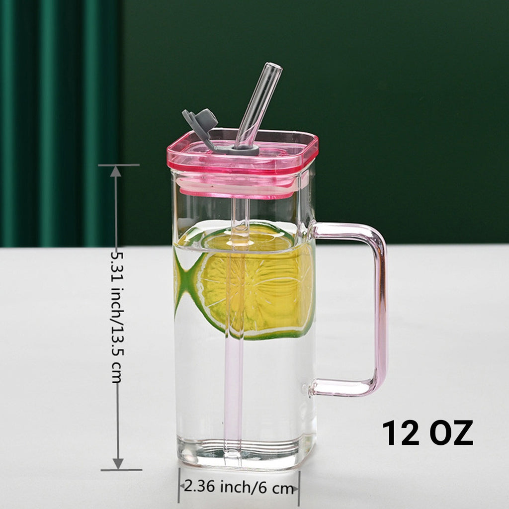 Square Glass Straw Cup with Lid & Handle – High Borosilicate 1 Pcs Pink Drink Mug