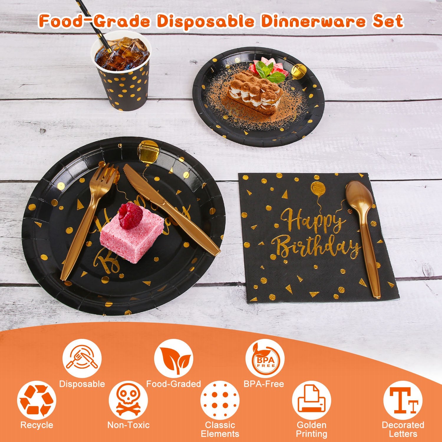Black & Gold Birthday Party Disposable Dinnerware Set – 201pcs (25 Guests)