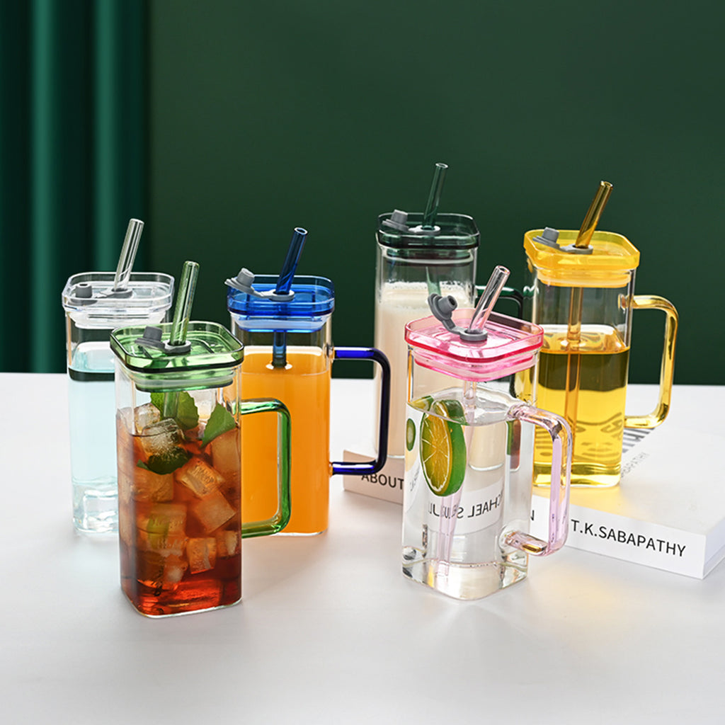 Square Glass Straw Cup with Lid & Handle – High Borosilicate 1 Pcs Pink Drink Mug
