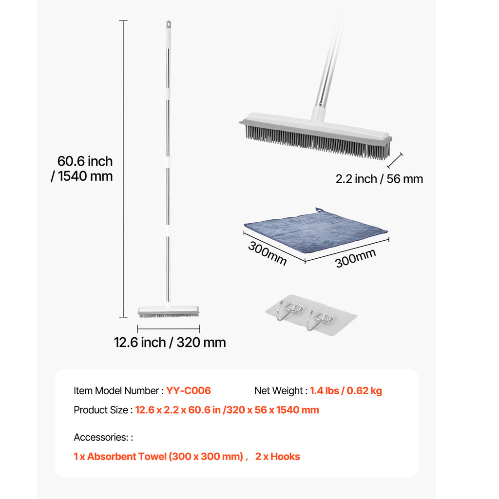 Multi-Purpose Rubber Broom – 58.46” Adjustable Long Handle for Carpet, Floor & Glass Cleaning