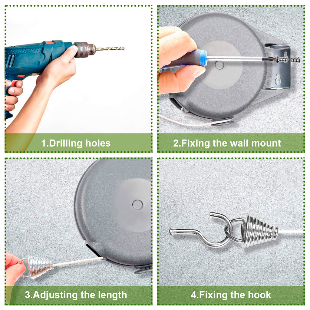 : 49FT Retractable Clothesline Outdoor Automatic PVC Washing Line with Wall Mount
