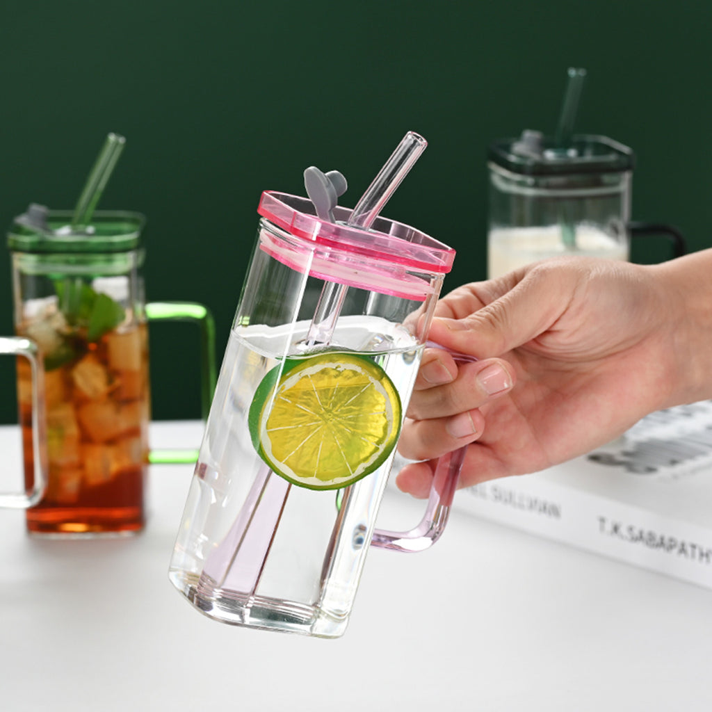 Square Glass Straw Cup with Lid & Handle – High Borosilicate 1 Pcs Pink Drink Mug