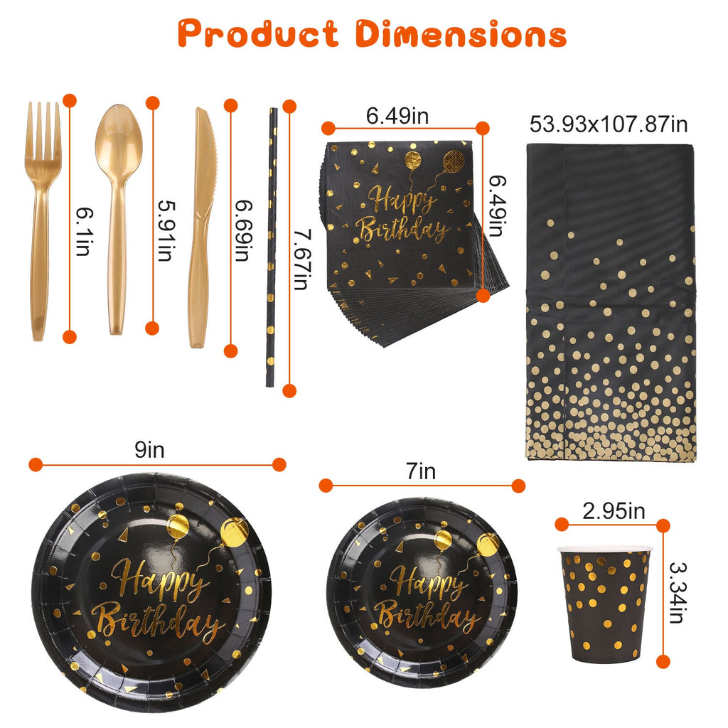Black & Gold Birthday Party Disposable Dinnerware Set – 201pcs (25 Guests)