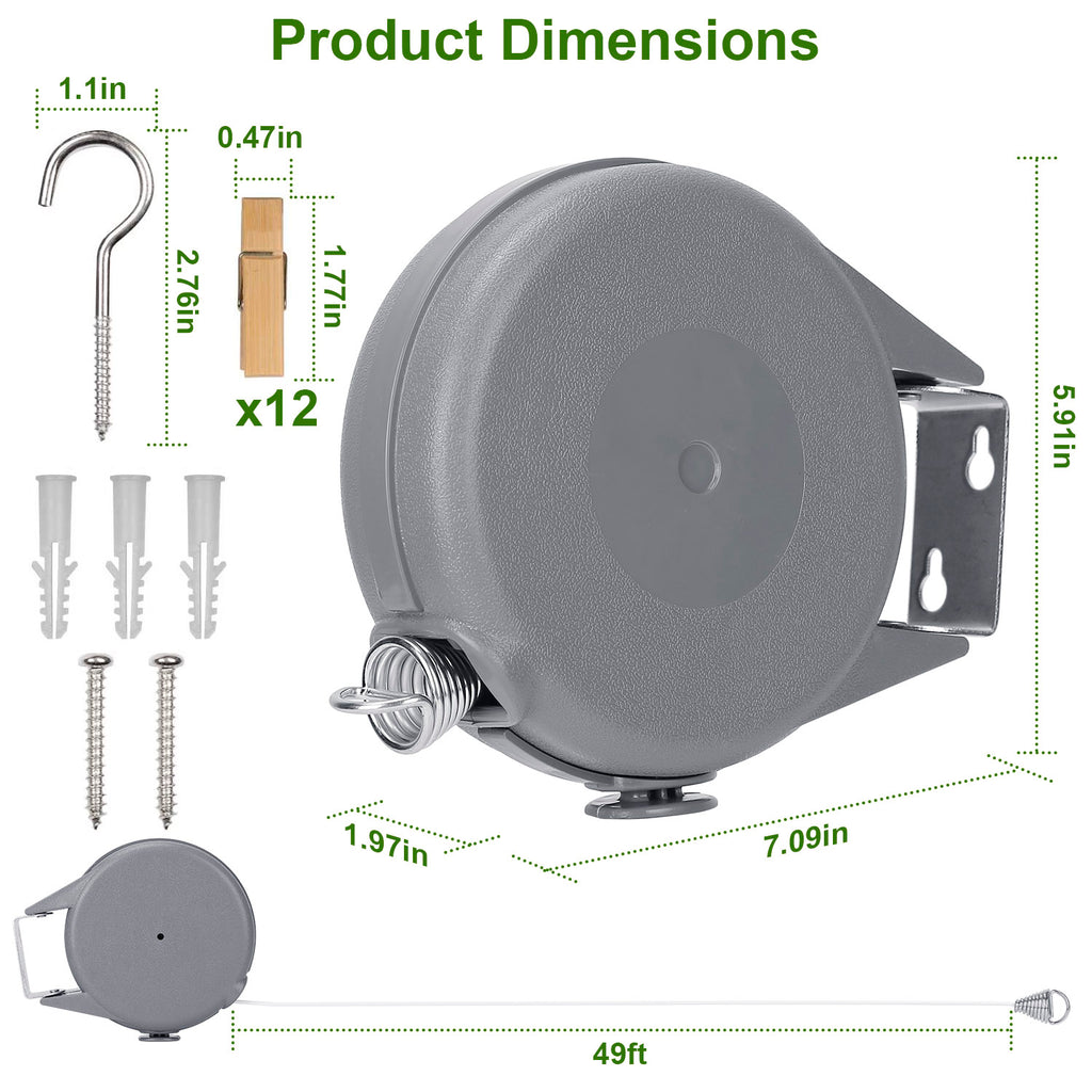 : 49FT Retractable Clothesline Outdoor Automatic PVC Washing Line with Wall Mount