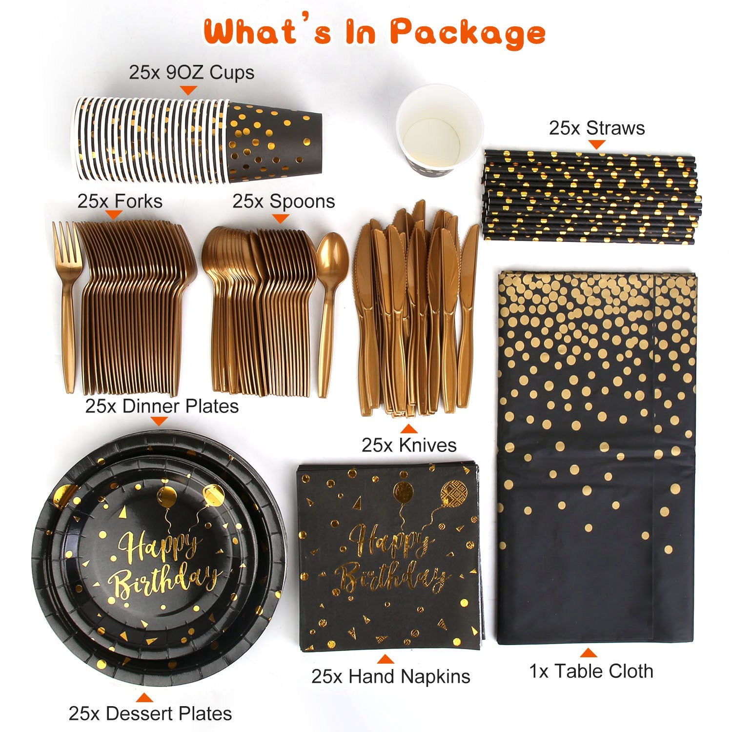 Black & Gold Birthday Party Disposable Dinnerware Set – 201pcs (25 Guests)