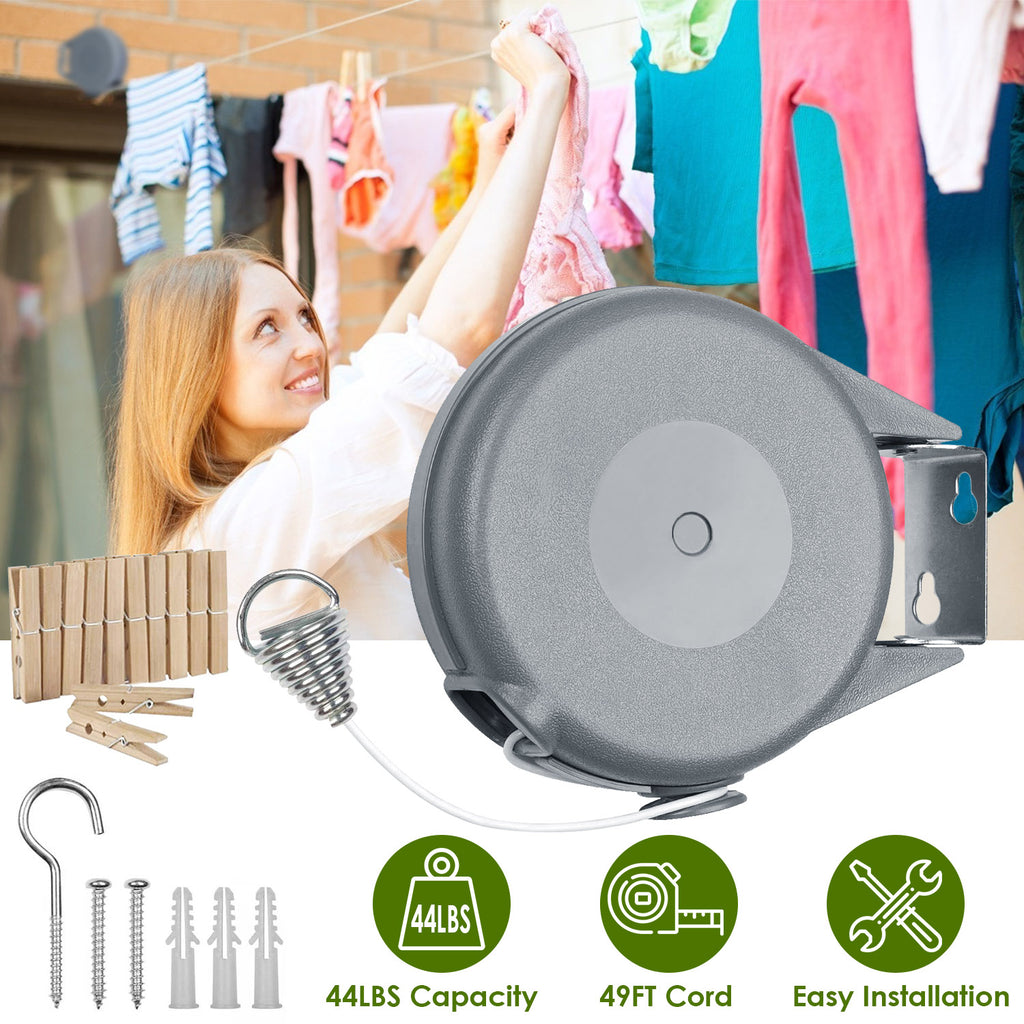 : 49FT Retractable Clothesline Outdoor Automatic PVC Washing Line with Wall Mount