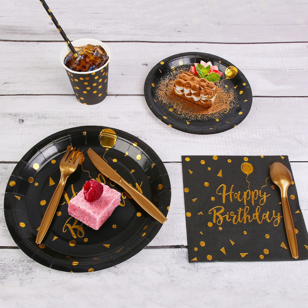 Black & Gold Birthday Party Disposable Dinnerware Set – 201pcs (25 Guests)