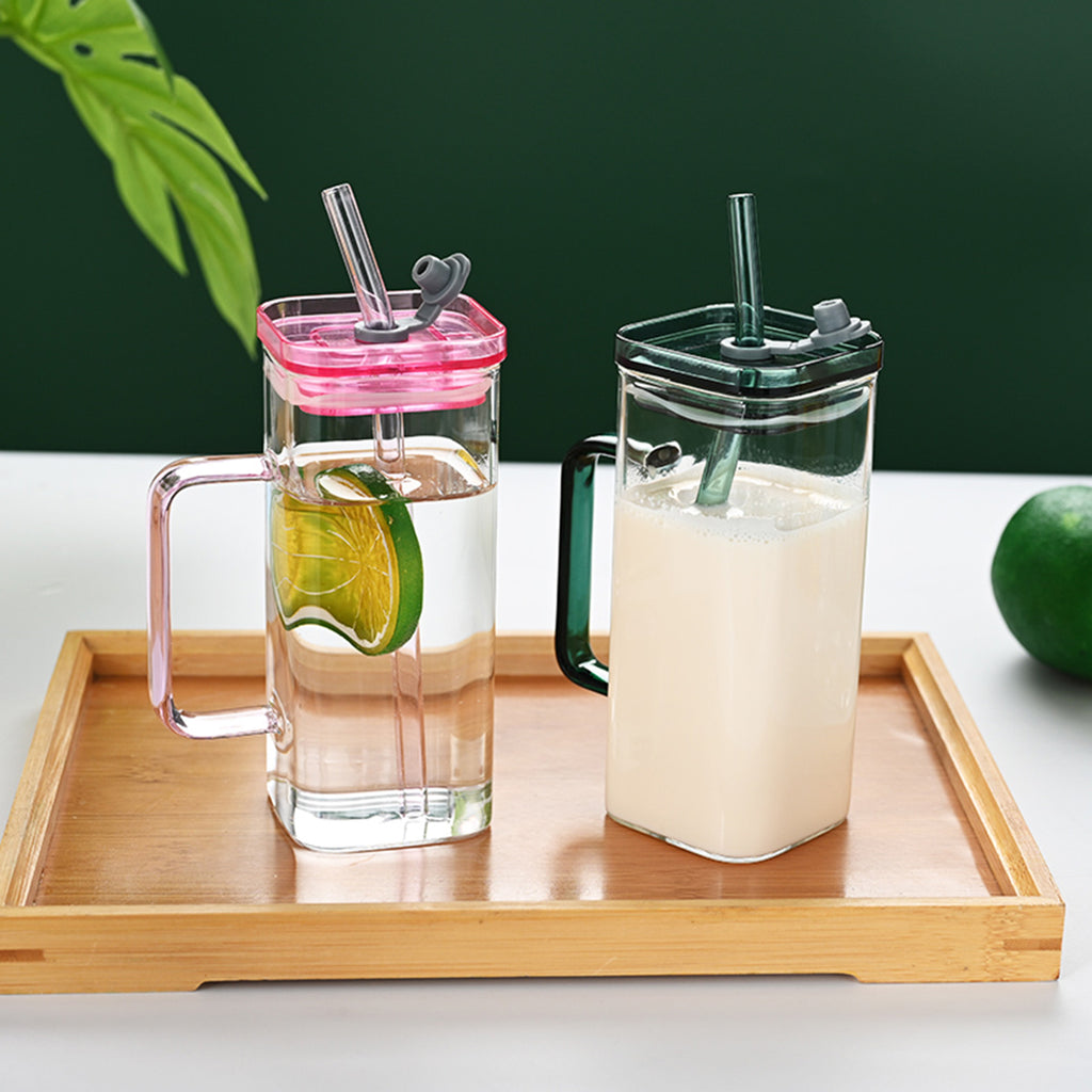 Square Glass Straw Cup with Lid & Handle – High Borosilicate 1 Pcs Pink Drink Mug